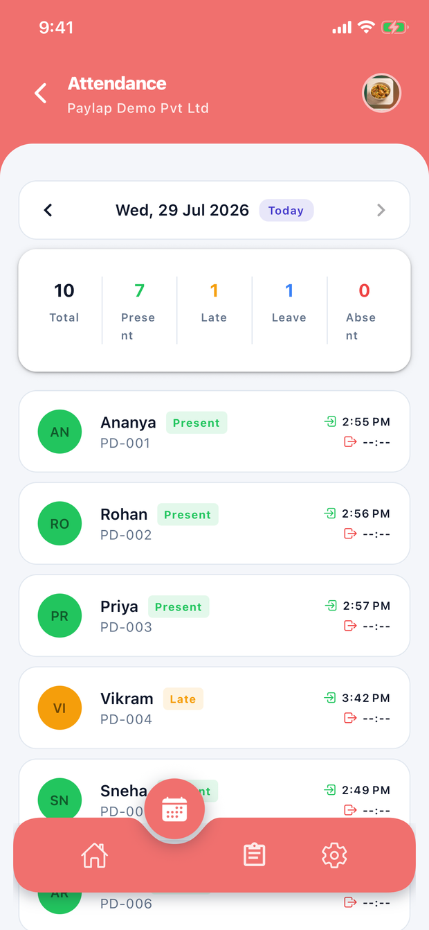 Attendance tracking screen