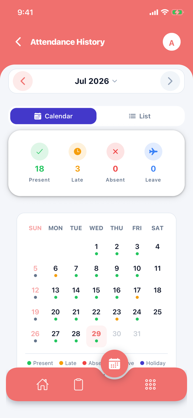 Employee attendance history calendar