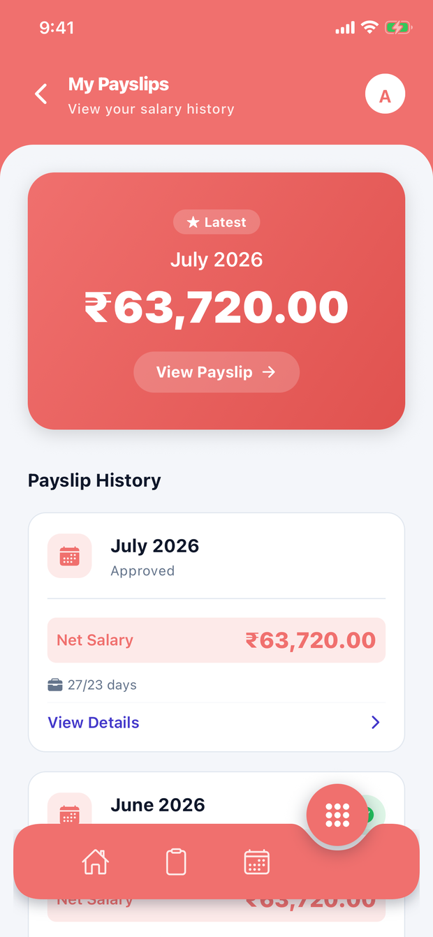 Employee payslip history screen