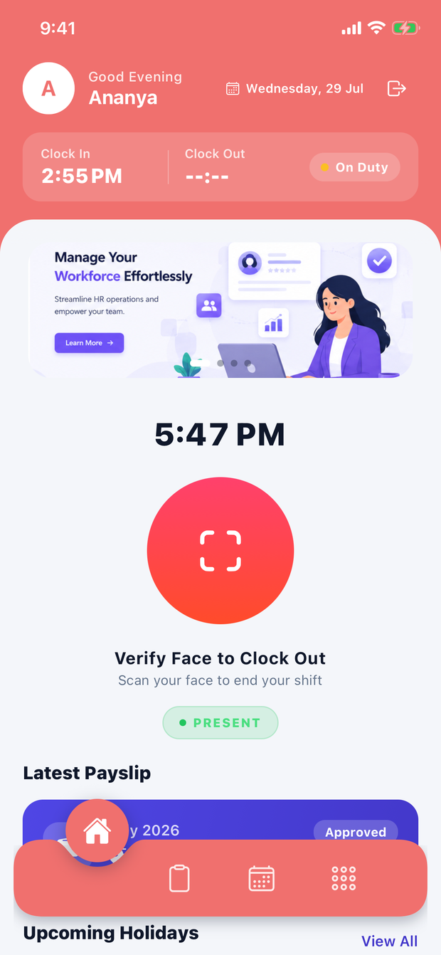 Employee home screen with clock-in and latest payslip