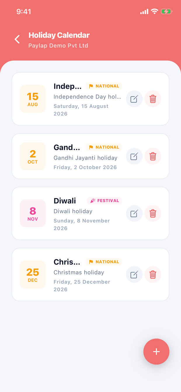 Holiday calendar screen